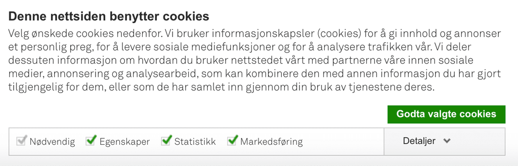 Exempelbild på en norsk Cookie-samtyckesruta. Här kan användaren ge sitt samtycke till att cookies används. 