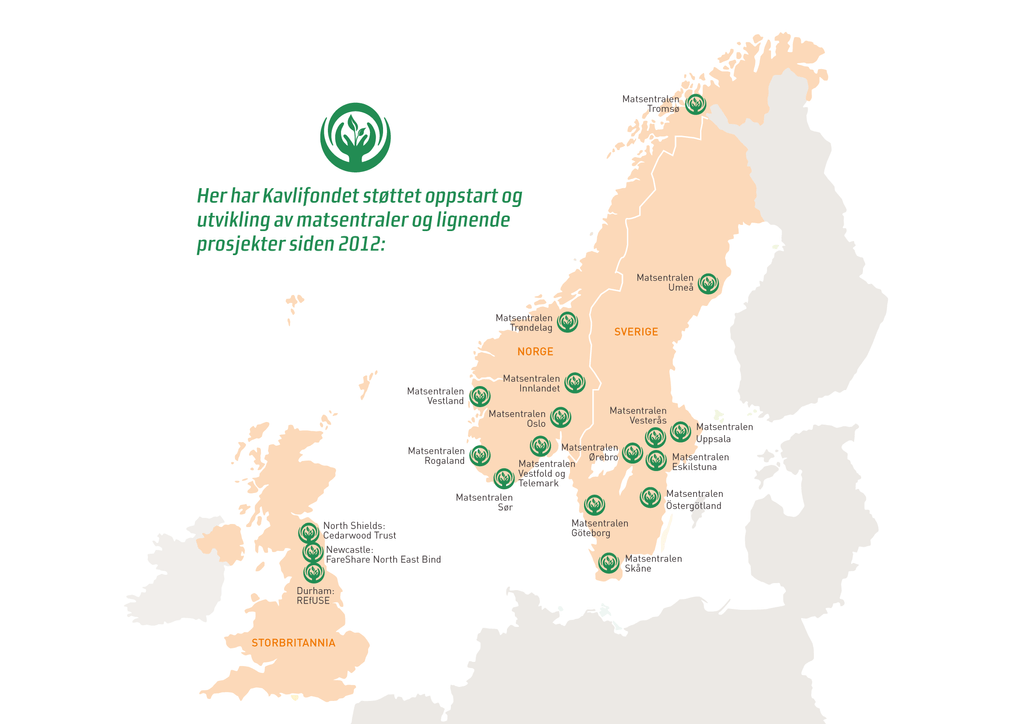 Kart som viser hvor i Norge, Sverige og Storbritannia Kavlifondet har støttet oppstart og utvikling av matsentraler og lignende prosjekter siden 2012.