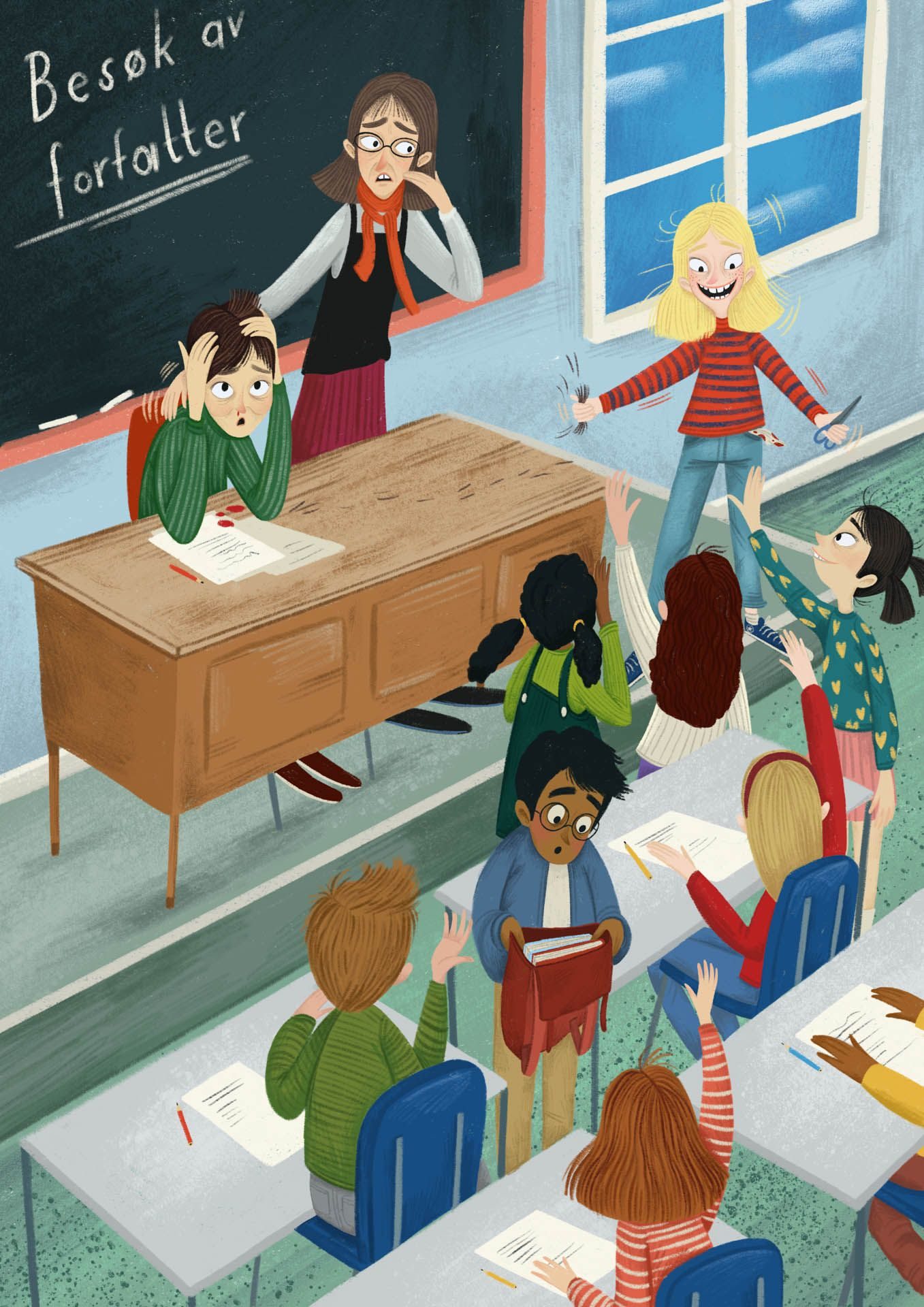 En illustrasjon som viser barn som bråker i et klasserom. En forfatter sitter med hodet i hendene ved kateteret, mens læreren holder henne om skulderen for å trøste