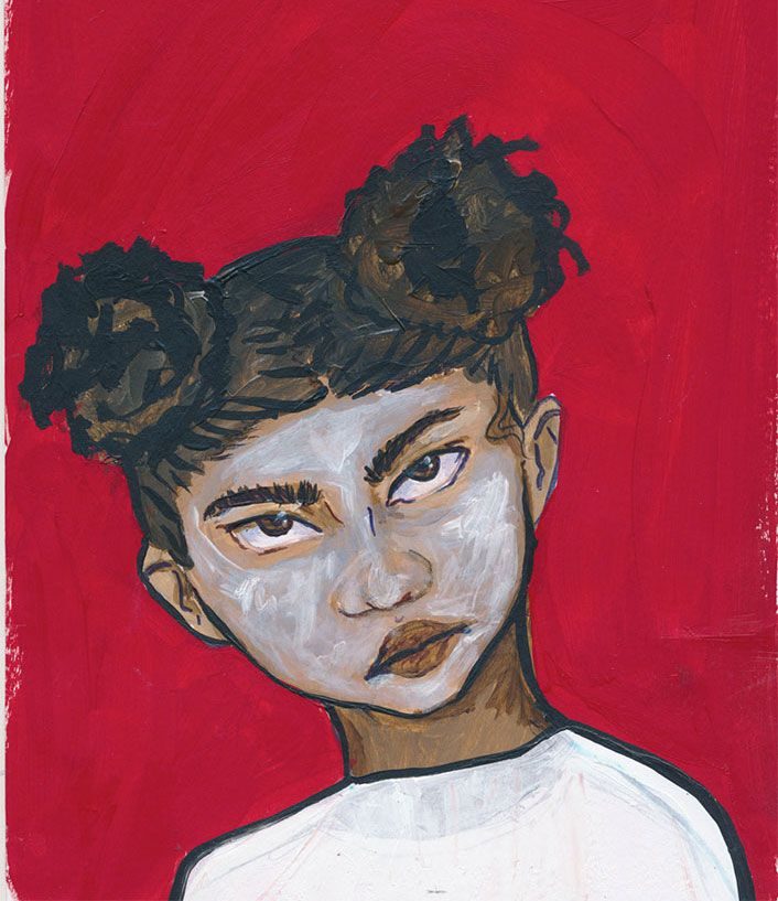 Tegning av mørkhudet jente med hvit maling i ansiktet.