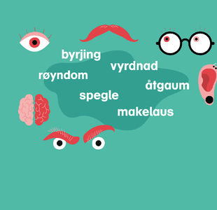 Grafisk illustrasjon med tegninger og nynorske ord.
