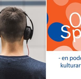 Kollasj. Mann med hodetelefon. SPOR-podkast-logoen til høyre.