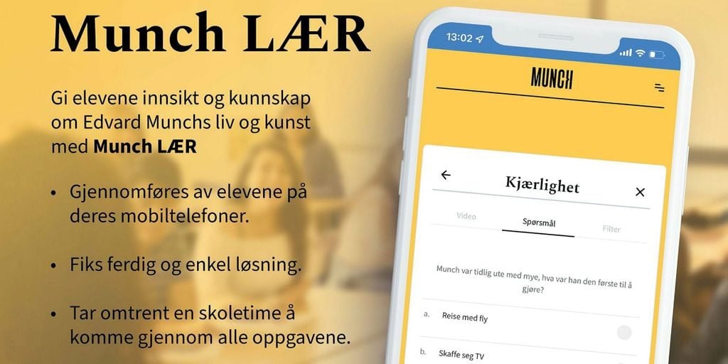 Informasjonsplakat om Munch LÆR, med skjermdump fra mobil.