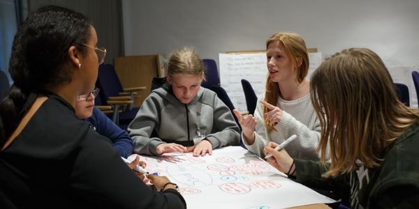 Fem ungdommer sitter rundt et bord. Det ligger et stort ark på bordet. Ungdommene diskuterer og skriver på arket