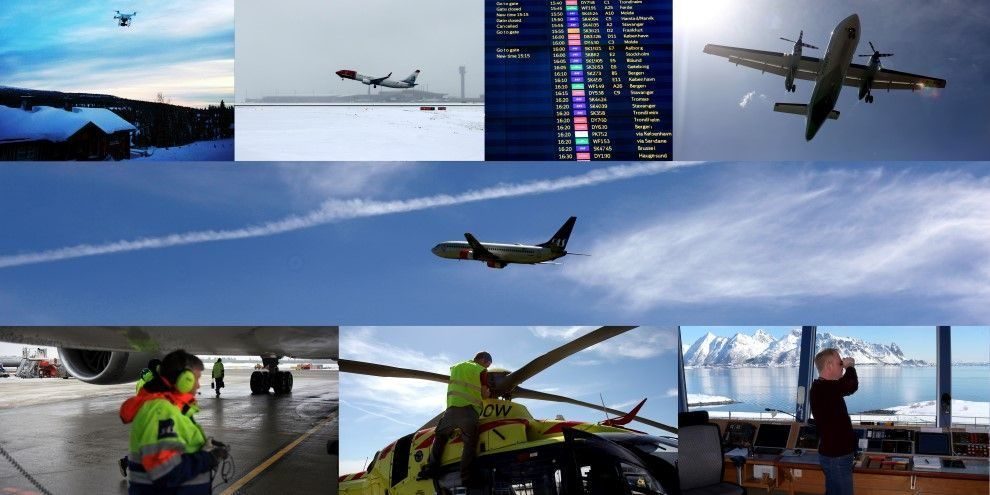 Variert bilde med fly som lander, tar av og flypersonell på bakken