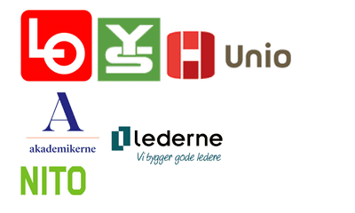 Bilder av logoene til YS, LO, Unio, Akademikerne og Lederne