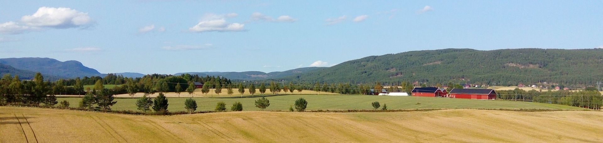 Bilde av dyrkbar mark og en rød bondegård i Innlandet