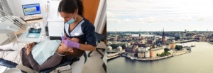 Bild på Tandläkare Rosa Ansari och vy över Stockholm city