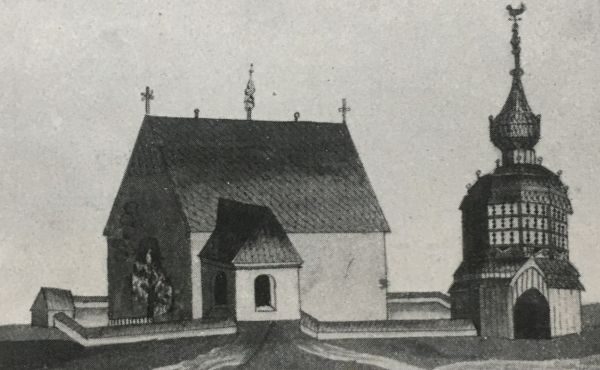 Bild 2. Resele gamla kyrka med bogårdsmur och klocktorn (ur Cornell, 1918).