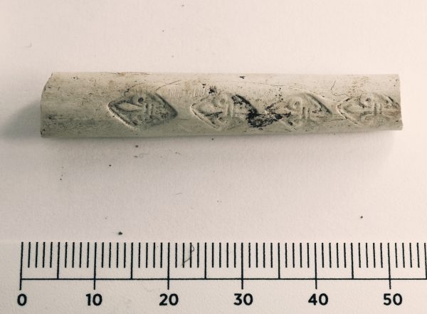 Bild 8. Detta skaft är stämplat med franska liljor i romber. Efter lite inledande efterforskningar tycks det eventuellt kunna röra sig om en holländsk pipa med möjlig datering till början av-strax efter mitten av 1600-talet.