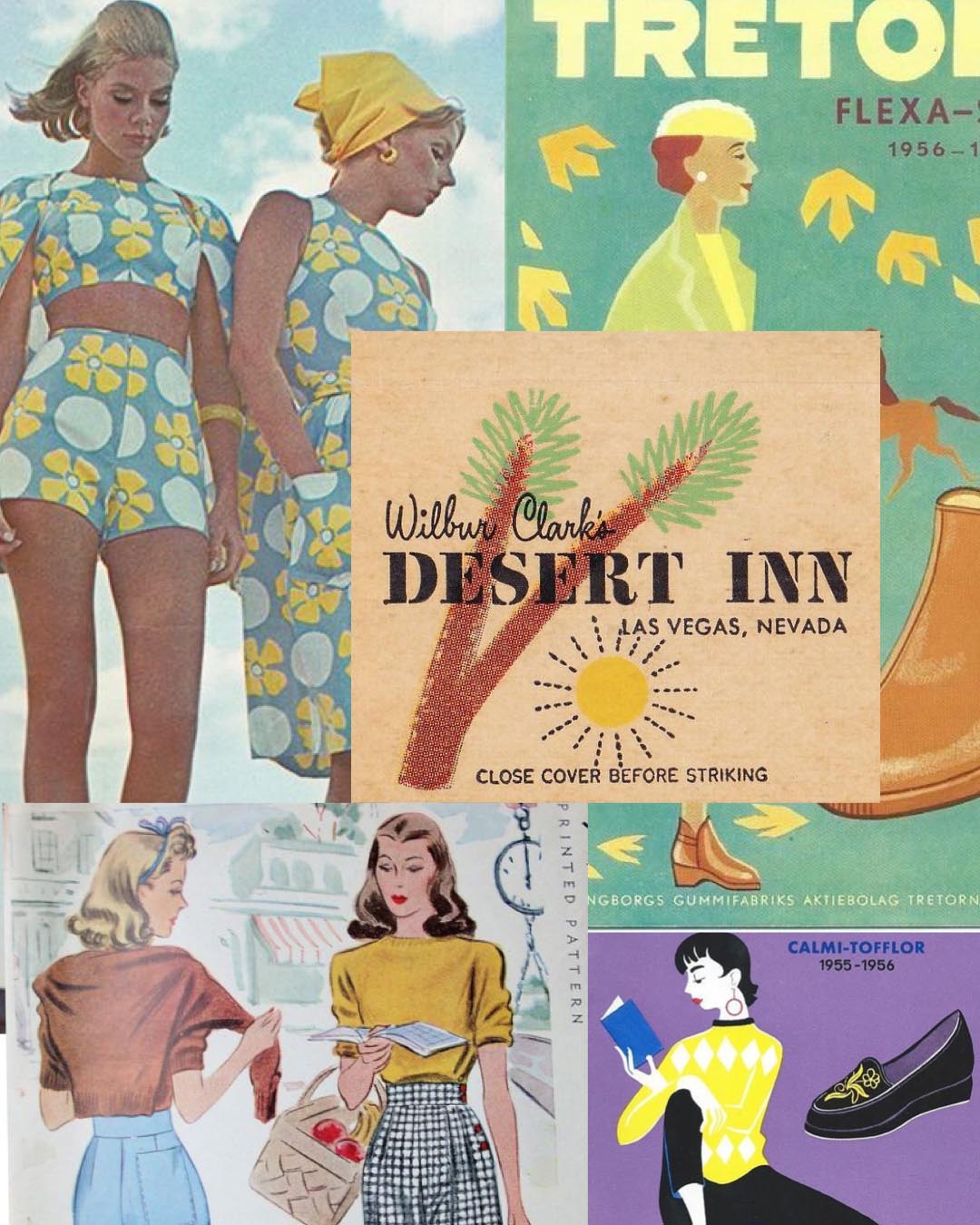 Bildtext: Gamla annonser, modefoton och grafisk form från 1940-1960-talen är typisk inspiration för mig.