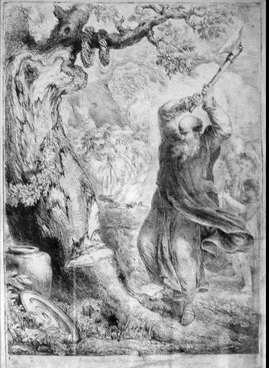 Wikipedia: Boniface chops down a cult tree in Hessen, engraving by Bernhard Rode, 1781