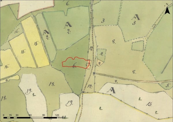 Storskifteskartan från 1767 över byn Maland med undersökningsytan markerad med rött. A2 är området som beskrivs som gamla Maland i kartan.