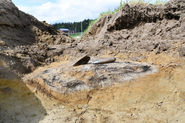 Ett verktyg, en murslev, ligger på jorden vid en utgrävning 