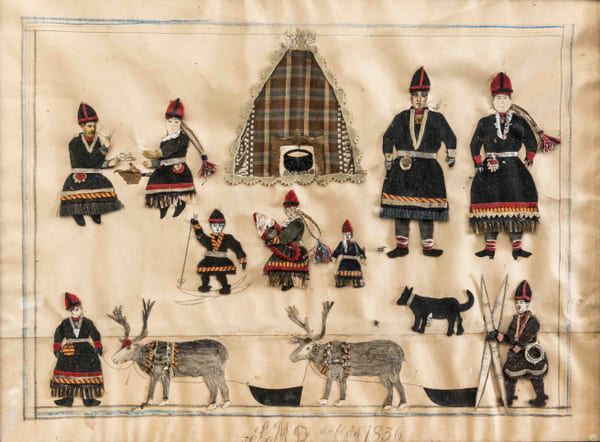 Collage av Sigrid Mårtensdotter. På collaget syns samer, renar, en hund och en kåta. Collaget är tillverkat av päls från möss, tyg och människohår. 